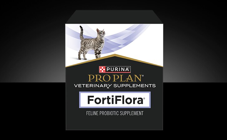 A box of Purina Pro Plan Veterinary Supplements FortiFlora probiotic supplement for cats.