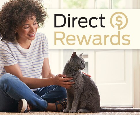 Owner petting her cat, with a &ldquo;Direct Rewards&rdquo; callout overlaid.